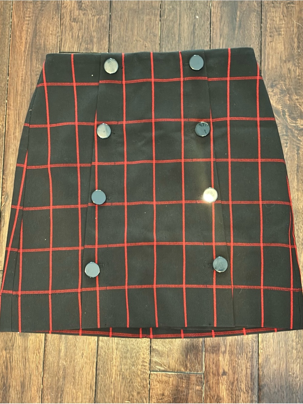Black & Red Windowpane Button-Front Mini Skirt